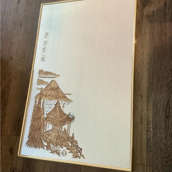 1960’s Hollywood Regency Mirror 34 X 23 Featuring Japanese Pagoda and Mt. Fuji - Picture 3 of 10